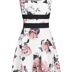Cloud5ive Damen Kurzes Mesh Kleid Mit Rosen Print Weiss Schwarz Rosa
