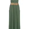 Cloud5ive Fashion Damen Longform Bandeau Kleid 2-Pockets Gürtel Military Grün -Diven Art Verkäufe 18067820
