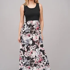 Cloud5ive Damen Maxi Kleid Blumen Muster Schwarz Weiss Rosa