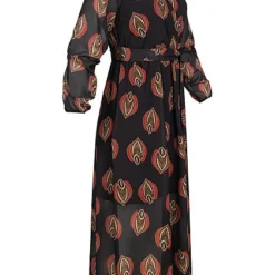 Styleboom Fashion Damen V-Neck Chiffon Midi Kleid Inkl Gürtel Blatt Muster Schwarz -Diven Art Verkäufe 20016115 1