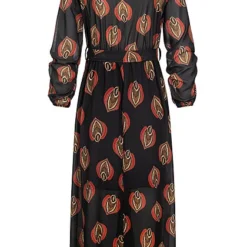 Styleboom Fashion Damen V-Neck Chiffon Midi Kleid Inkl Gürtel Blatt Muster Schwarz -Diven Art Verkäufe 20016115 2