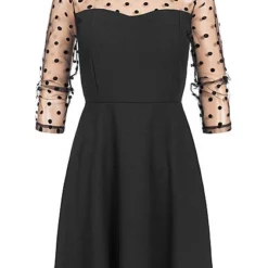 Styleboom Fashion Damen 3/4 Arm High-Neck Mini Kleid Mesh Punkte Schwarz