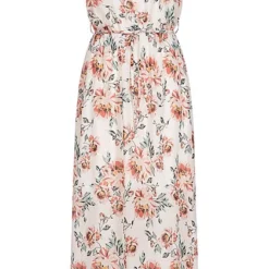 Fresh Lemons Damen Bandeau Maxi Kleid Blumen Print Inkl. Bindegürtel Off Weiss Mc