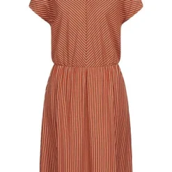 Tom Tailor Damen V-Neck Midi Kleid Taillengummibund Streifen Muster Braun Weiss