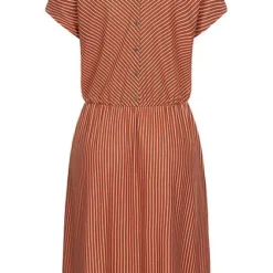 Tom Tailor Damen V-Neck Midi Kleid Taillengummibund Streifen Muster Braun Weiss -Diven Art Verkäufe 20052742 2