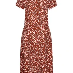 Fresh Lemons Damen V-Neck Kleid Knopfleiste & Schleife Flocken Muster Braun Weiss -Diven Art Verkäufe 20055157 2