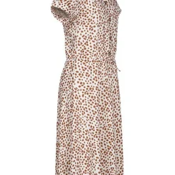 Fresh Lemons Damen V-Neck Kleid Knopfleiste & Schleife Flocken Muster Weiss Braun -Diven Art Verkäufe 20055158 1