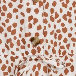 Fresh Lemons Damen V-Neck Kleid Knopfleiste & Schleife Flocken Muster Weiss Braun -Diven Art Verkäufe 20055158 3