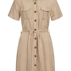 Hailys Damen Blusen Kleid Inkl Bindegürtel Knopfleiste 4-Pockets Beige