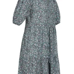 Hailys Damen 1/2-Arm V-Neck Puffer Kleid Blumen Muster Schwarz Multicolor -Diven Art Verkäufe 20062840 1