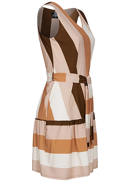 Styleboom Fashion Damen V-Neck Midi Kleid Bindegürtel Streifen Muster Beige Schwarz 4 Styleboom Fashion Damen V-Neck Midi Kleid Bindegürtel Streifen Muster Beige Schwarz – Bild 2