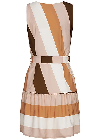 Styleboom Fashion Damen V-Neck Midi Kleid Bindegürtel Streifen Muster Beige Schwarz 5 Styleboom Fashion Damen V-Neck Midi Kleid Bindegürtel Streifen Muster Beige Schwarz – Bild 3