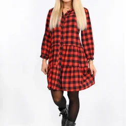 Styleboom Fashion Damen Oversized Flanell Crepe Kleid Karo Muster Rot Schwarz -Diven Art Verkäufe 20096420 4