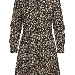 ONLY Damen NOOS V-Neck Krepp Tunika Kleid Taillenzug Blumen Muster Schwarz Grün