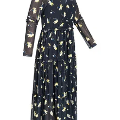 Tom Tailor Damen Midi Mesh Langarm Kleid Blumen Print 2-lagig Navy Blau Gelb Grün -Diven Art Verkäufe 20104836 1