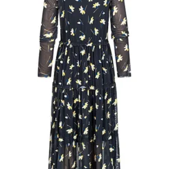 Tom Tailor Damen Midi Mesh Langarm Kleid Blumen Print 2-lagig Navy Blau Gelb Grün -Diven Art Verkäufe 20104836 2