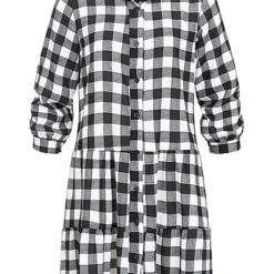 Styleboom Fashion Damen Oversized Flanell Crepe Kleid Schwarz Weiss