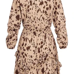 Styleboom Fashion Damen V-Neck Chiffon Crepe Kleid Stufenrock AOP Print Beige -Diven Art Verkäufe 20106438 2