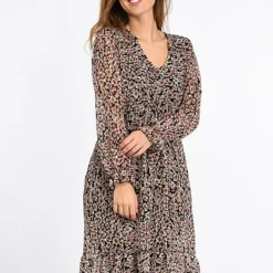 Hailys Damen V-Neck Midi Kleid Floraler Print Taillienbund 2-lagig Schwarz -Diven Art Verkäufe 20110016 2