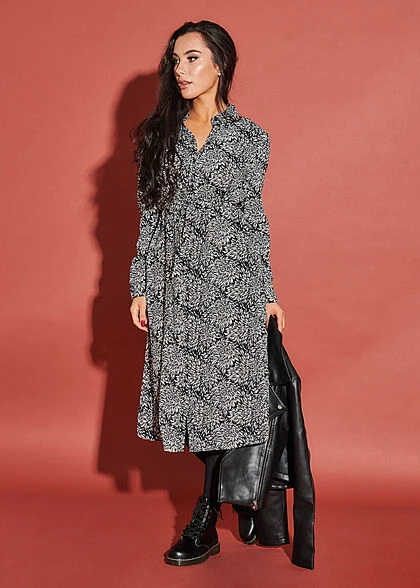 JACQUELINE DE YONG JDY By ONLY Damen Midi Longform Kleid Floraler Print Inkl Bindegürtel Weiss Schwarz 6 JACQUELINE DE YONG JDY By ONLY Damen Midi Longform Kleid Floraler Print Inkl Bindegürtel Weiss Schwarz – Bild 4