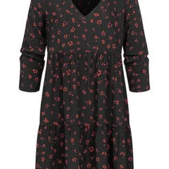 Tom Tailor Damen 3/4 Arm V-Neck Babydoll Kleid Blumen Muster Volantärmel Schwarz Rot