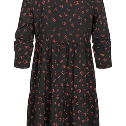 Tom Tailor Damen 3/4 Arm V-Neck Babydoll Kleid Blumen Muster Volantärmel Schwarz Rot -Diven Art Verkäufe 20110269 2