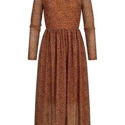 Tom Tailor Damen High-Neck Longform Mesh Kleid 2-lagig Leo Print Braun Schwarz