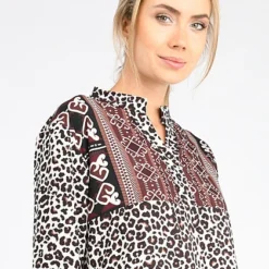 Fresh Lemons Damen 3/4 Arm V-Neck Puffer Kleid AOP Leo Print Cream Beige Braun -Diven Art Verkäufe 20115453 1