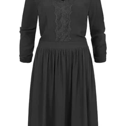 Tom Tailor Damen V-Neck Mini 3/4 Arm Krepp Kleid Mit Spitzendetails Tief Schwarz