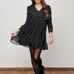 JACQUELINE DE YONG JDY By ONLY Damen Mini V-Neck Langarm Mesh Kleid In Stufenoptik 2-lagig Schwarz -Diven Art Verkäufe 20120524 4