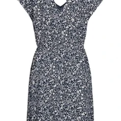 Tom Tailor Damen V-Neck Viskose Kleid Taillengummibund Blumen Muster Navy Blau -Diven Art Verkäufe 21020718 2