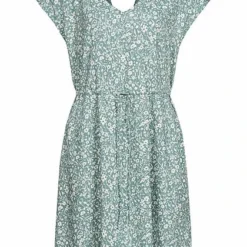 Tom Tailor Damen V-Neck Viskose Kleid Taillengummibund Blumen Muster Mineral Blau