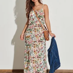 ONLY Damen NOOS Maxi Kleid Taillengummizug Blumen Print Cloud Dancer Beige Grün