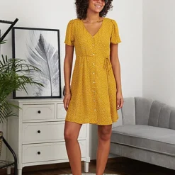 ONLY Damen NOOS V-Neck Mini Kleid Knopfleiste Bindedetail Vorne Chai Tea Gelb Weiss -Diven Art Verkäufe 21031142 3