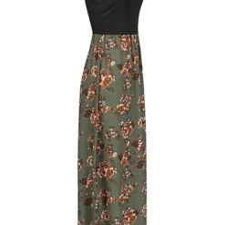 Styleboom Fashion Damen 2-Tone Maxi Kleid Blumen Muster Schwarz Khaki Grün -Diven Art Verkäufe 21036568 1
