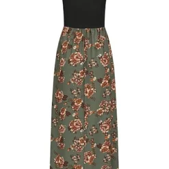 Styleboom Fashion Damen 2-Tone Maxi Kleid Blumen Muster Schwarz Khaki Grün -Diven Art Verkäufe 21036568 2