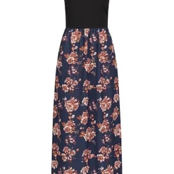 Styleboom Fashion Damen 2-Tone Maxi Kleid Blumen Muster Schwarz Navy Blau