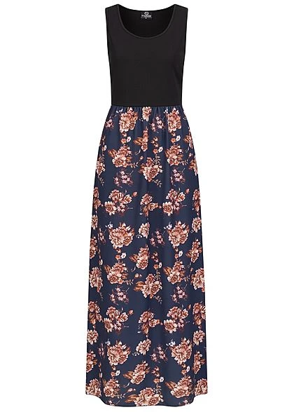 Styleboom Fashion Damen 2-Tone Maxi Kleid Blumen Muster Schwarz Navy Blau 3 Styleboom Fashion Damen 2-Tone Maxi Kleid Blumen Muster Schwarz Navy Blau
