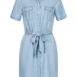 Vero Moda Damen NOOS Denim Blusen Kleid Inkl. Bindegürtel Knopfleiste Hell Blau Denim