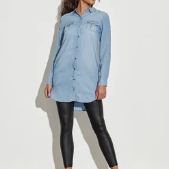 Vero Moda Damen NOOS Denim Turn-Up Blusen Kleid Knopfleiste Hell Blau Denim -Diven Art Verkäufe 21041773 4
