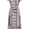 ONLY Damen V-Neck Midi Viskose Kleid Azteken Print Faded Denim Blau -Diven Art Verkäufe 21041979