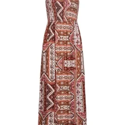 ONLY Damen Viskose Maxi Bandeau Kleid Azteken Print Bindedetail Oben Roasted Rot