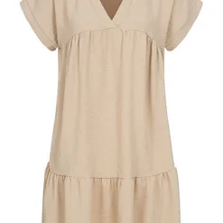 Styleboom Fashion Damen V-Neck Stufen Kleid Beige