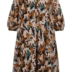 Tom Tailor Damen 3/4 Arm V-Neck Kleid Knopfleiste Monkey Print Multicolor