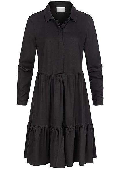 VILA Damen NOOS Langarm Viskose Blusenhemd Kleid Knopfleiste Schwarz