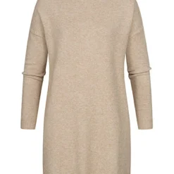 VILA Damen NOOS Rollkragen Longform Strickpullover Kleid Natural Beige Melange