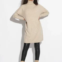 VILA Damen NOOS Rollkragen Longform Strickpullover Kleid Natural Beige Melange -Diven Art Verkäufe 21063218 3