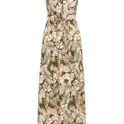 Styleboom Fashion Damen V-Neck Maxi Kleid Bindedetail Tropical Print Khaki Beige