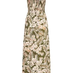 Styleboom Fashion Damen V-Neck Maxi Kleid Bindedetail Tropical Print Khaki Beige -Diven Art Verkäufe 21066659 2