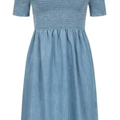 ONLY Damen Off-Shoulder Mini Smock Kleid Rüschen Am Saum Medium Blau Denim